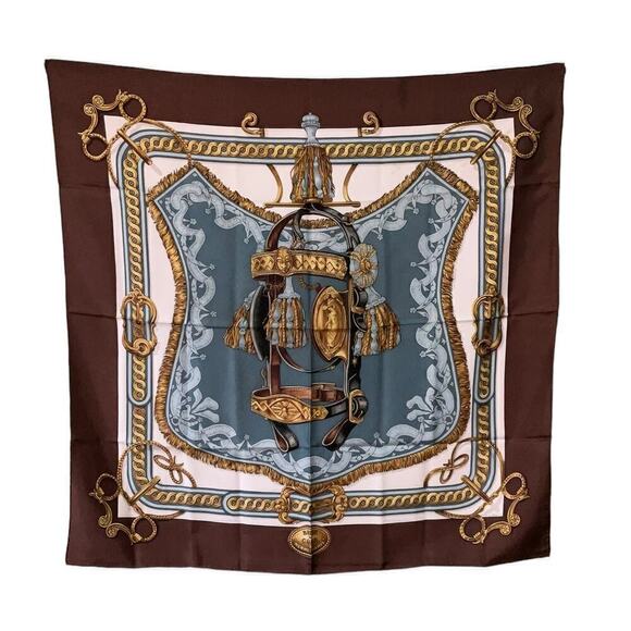 Hermes  Bride de Cour Brown, Blue, White, and Gold 100% Silk Scarf 90cm Square - Picture 1 of 16